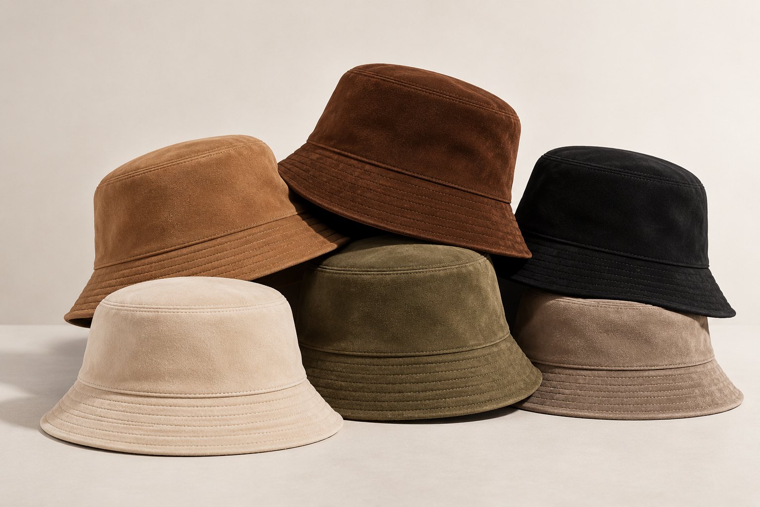 Suede bucket hats in six colours