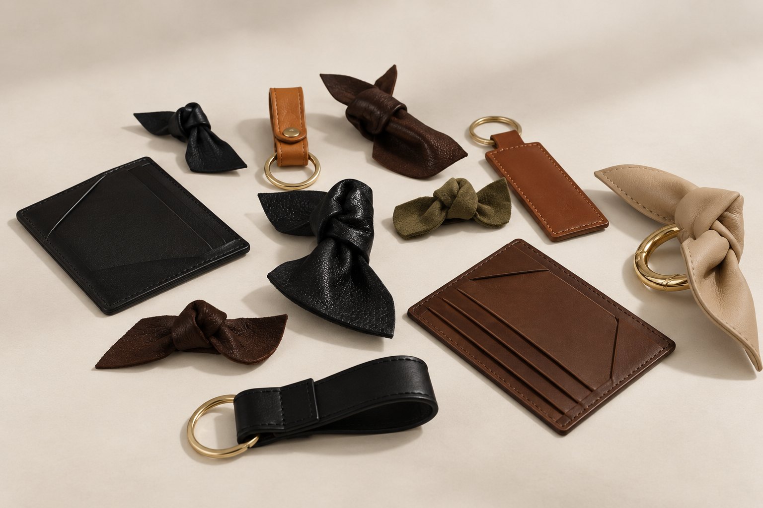 Leather cardholders, keyrings and knotted leather accessories